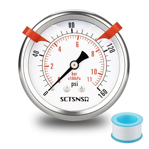 0 to 160 Psi Pressure Gauge, Glycerin Liquid Filled, 2.5 inch Dial, 1/4" NPT Back Mount, Stainless Steel Case, for Air Compressor, Well Pump, Water, RV, Tire, CO2, Pipe, Gas, Pressure Test