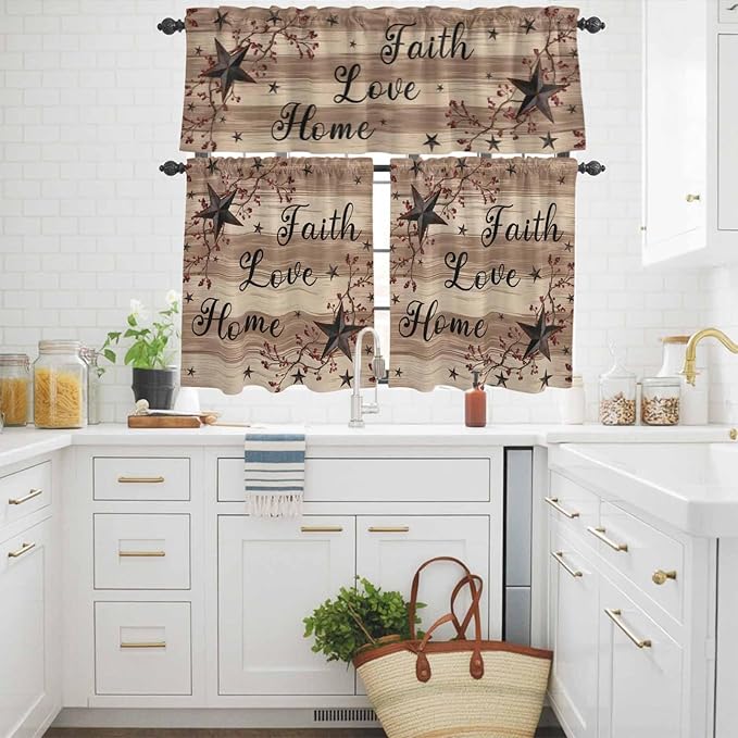Kitchen Curtains Tiers and Valance Set of 3, Farmhouse Star Brown Light Filtering Window Curtain Set, Retro Branches Berry Wooden Grain Rod Pocket Curtain Drapes for Cafe, Living Room, 36 Inches Tiers