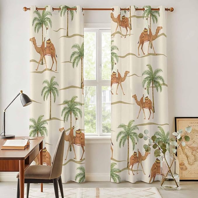 2 Panel Kitchen Cafe Curtains, Date Coconut Tree Sunlight Filtering Nature Air Through, Home Decor Window Covering Tier Curtains for Living Room 104W x 96L inch Desert Camels Botanical Tropical Beige