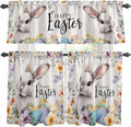 Happy Easter Kitchen Curtains Set 3 Piece for Windows,Rod Pocket Valance and Tier Set 36 Inch Length,Spring Grey Bunny Colorful Eggs Flower Beige Light Filtering Cafe Curtains for Living Room