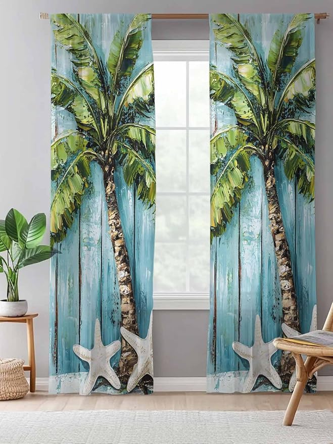 Sheer Curtains 108 Inches Long, Coastal Beach Starfish Semi Sheer Curtains Light Filtering Window Treatment, Blue Green Tropical Palm Tree Wood Grain Privacy Voile Drapes for Living Room 52x108 Inch