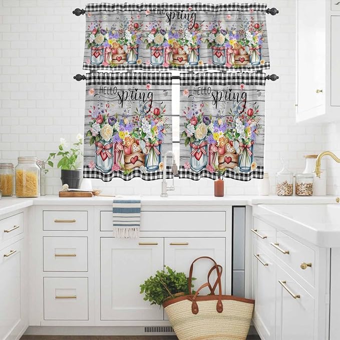 Spring Flowers Kitchen Curtains Set 3 Piece for Windows, Rod Pocket Valance and Tier Set 36 Inch Length, Farmhouse Black Plaid Wood Grain Light Filtering Cafe Curtains for Living Room Bathroom