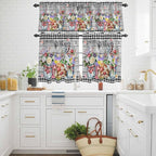 Spring Flowers Kitchen Curtains Set 3 Piece for Windows, Rod Pocket Valance and Tier Set 36 Inch Length, Farmhouse Black Plaid Wood Grain Light Filtering Cafe Curtains for Living Room Bathroom