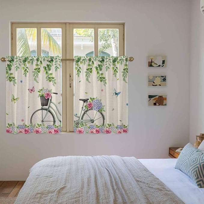 Farmhouse Spring Kitchen Curtains, Retro Bicycles Flowers Vines Butterfly Light Filtering Window Curtain Panels, 2Pcs Rod Pocket Window Treatments Set for Cabin Bathroom Bedroom 52x45 Inches