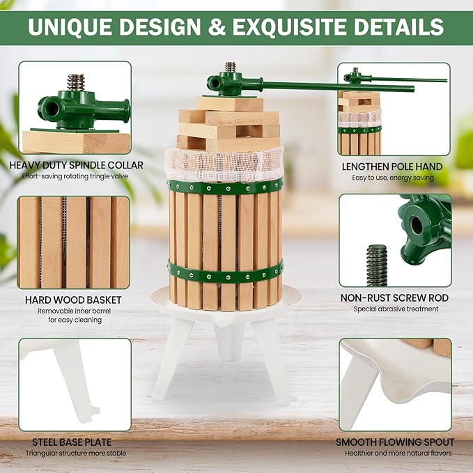 CAELUM Fruit Wine Press, 1.6 Gallon Wood Fruit and Cider Press Squeezer With T-Handle, Juice Maker, Wine Making Press Squeezer for Outdoor, Kitchen（Green）