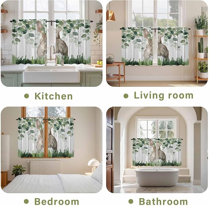 Easter Tier Curtains, Country Rabbit Botanical Leaves Wooden Grain Light Filtering Kitchen Curtains, 2Pcs Rod Pocket Half Window Treatments Panels for Sink Cafe Cabinet Basement 27.5x45 Inches