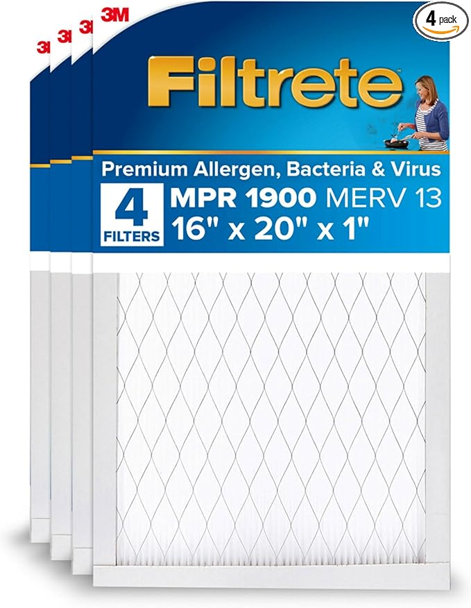 Filtrete 16x20x1 AC Furnace Air Filter, MERV 13, MPR 1900, Premium Allergen, Bacteria & Virus Filter, 3-Month Pleated 1-Inch Electrostatic Air Cleaning Filter, 4-Pack (Actual Size 15.69x19.69x0.78 in)