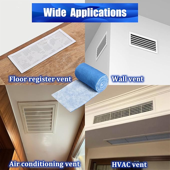 Air Vent Filters Roll, 12" x 120" Cut to Size Air Filters with 66PCS Hook&Loop Fasteners (50+ Filters), MERV 8 Triple Filtration Vent Filter Material for Home Floor, Ceiling, HVAC, AC(12x120 inch)