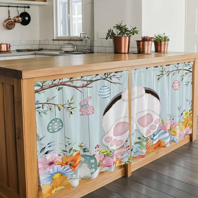 Easter Bunny Kitchen Tier Curtains 24 Inch Long 2 Panel Set,Rod Pocket Cafe Small Window Curtains Over Sink,Easter Eggs Spring Farmhouse Wood Grain Teal Blue Light Filtering Short Drapes 27.5"W x 24"L