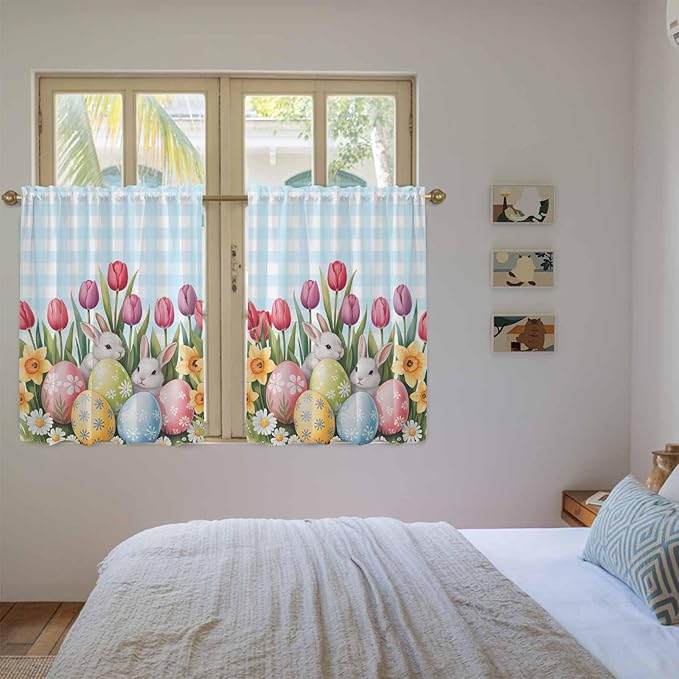 Easter Kitchen Curtains 54 Inch Long 2 Panel Set,Rod Pocket Window Curtains Panels,Spring Bunny Colorful Eggs Tulip Flowers Blue Check Light Filtering Drapery Draperies for Bathroom 52"W x 54"L