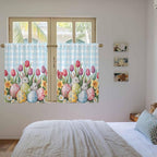Easter Kitchen Curtains 45 Inch Long 2 Panel Set,Rod Pocket Window Treatment,Spring Bunny Colorful Eggs Tulip Flowers Blue Check Light Filtering Short Curtains & Drapes Laundry 52"W x 45"L