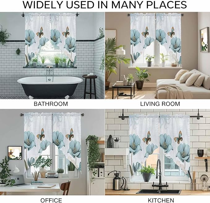 Blue Tulips Swag Valances for Windows, Watercolor Flowers Butterfly Spring Farmhouse Blue Rod Pocket Kitchen Curtains Valance, Kitchen Window Curtains Swag for Cafe Living Room, 2 Panels, 36x63 inch