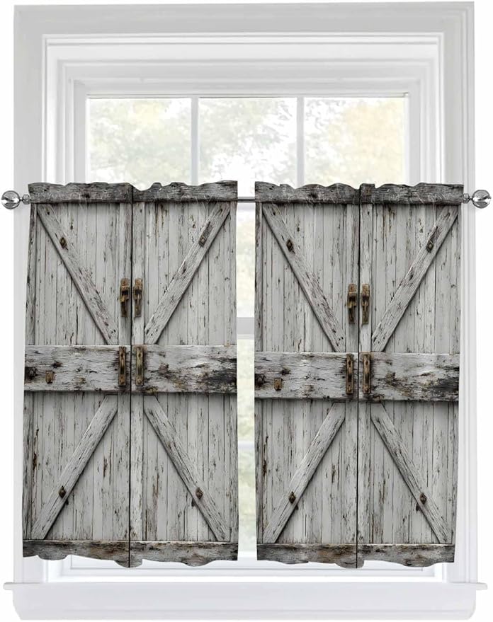 Vintage Gate Tier Curtains 45 Inches Long, Farmhouse Wooden Grain Shabby Chic Door Window Treatment Curtain Drapes, Small Curtain Drapes for Bathroom Laundry Room, 27.5"x45", 2 Panels