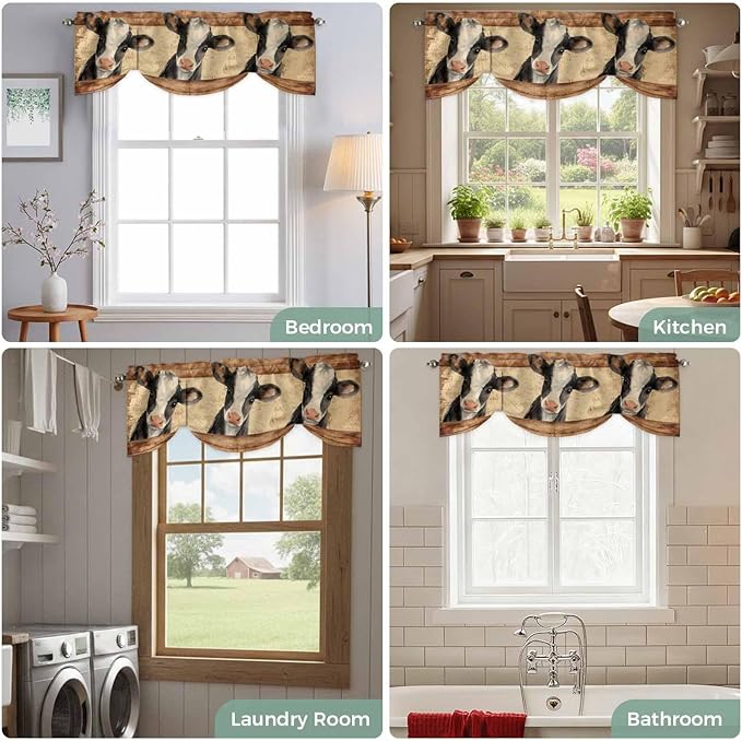 Farmhouse Cow Tie Up Valance Curtains for Windows, Kitchen Curtains Window Shades, Country Vintage Animals Wooden Grain Light Filtering Roman Curtain Valances for Bedroom/Bathroom/Cafe 42"x18"