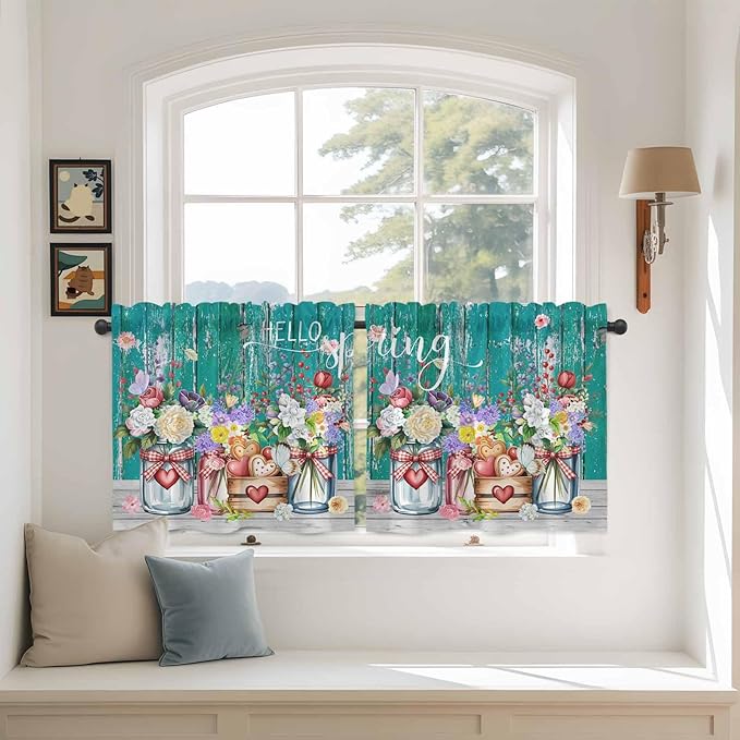 Spring Flowers Tier Curtains, Farmhouse Watercolor Teal Wood Grain Light Filtering Kitchen Curtains, 2Pcs Rod Pocket Half Window Treatments Panels for Sink Cafe Cabinet Camper 27.5x24 Inches
