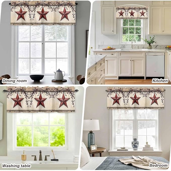 Farmhouse American Valances for Windows, Country Star Berries Vintage Wood Grain Kitchen Valance Light Filtering Rod Pocket Short Curtains for Kitchen Bathroom, 1 Panel, 54"x18"