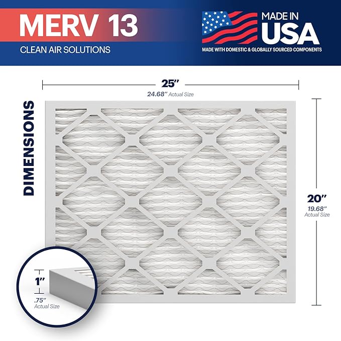 BNX TruFilter 20x25x1 MERV 13 (12-Pack) AC Furnace Air Filter - MADE IN USA - Electrostatic Pleated Air Conditioner HVAC AC Furnace Filters - Removes Pollen, Mold, Bacteria, Smoke