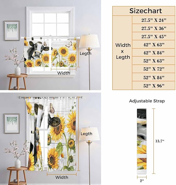 Retro Farmhouse Floral Bathroom Curtains 63 Inch Length, Window Curtains Tab Top, Yellow Sunflowers Cows Butterfly Wood Light Filtering Window Treatments Drapes 52"x63" 2 Panel