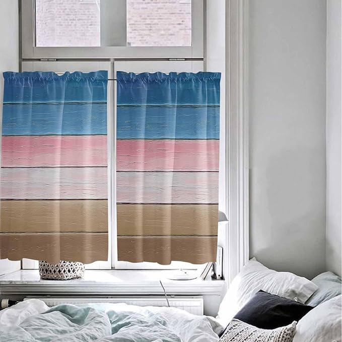 Blue Pink Brown Gradient Wood Grain Window Valance Curtains, Vintage Wood Board Light Filtering Kitchen Valance with 3-inch Rod Pocket for Living Room Bathroom Bedroom,2 Panel,52x54In