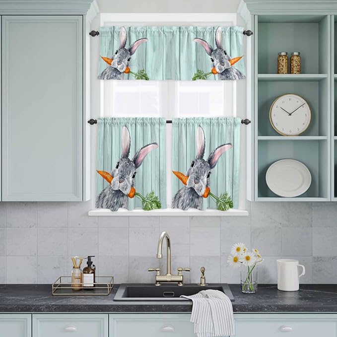 Easter Kitchen Curtain Set, Spring Rabbit Botanical Carrots Green Wooden Grain Window Valance and Tiers 36" Length, Light Filtering Short Curtains Valance for Cafe Bathroom Bedroom 54"x18"