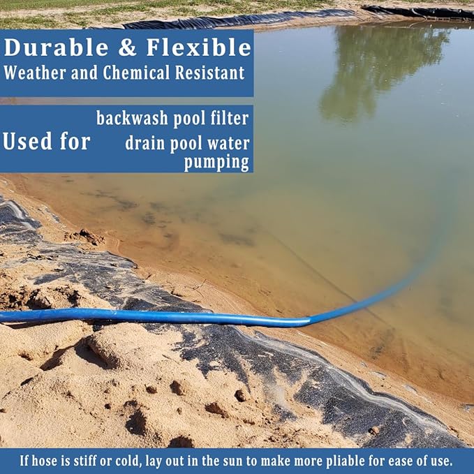 Pool Backwash Hose 1 1/2 inch × 25 ft Thicken Blue Water Discharge Pipe Lay Flat Tubing Hose for Backwash Pool Filter, Drain Pool Pond Water (1.5in-25ft, Vinyl Tubing)