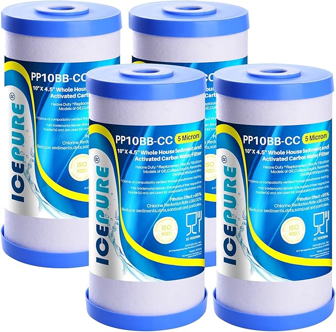 5 Micron 10" x 4.5" Whole House Water Filter Compatible with GE FXHTC, GXWH40L, RFC-BBSA, W50PEHD, Whirlpool WHKF-GD25BB, GXWH35F, GNWH38S, Dupont WFHD13001, Pentek R50-BB, 4WH-HDGR-F01 4PACK