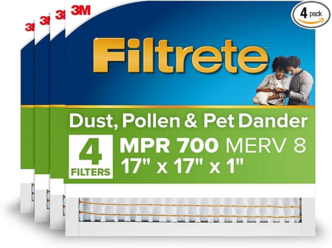 Filtrete 17x17x1 AC Furnace Air Filter, MERV 8, MPR 700, Tough on Pollen, Easy on Airflow, 3-Month Pleated 1-Inch Electrostatic Air Cleaning Filter, 4-Pack (Actual Size 16.687 x 16.687 x 0.81 in)