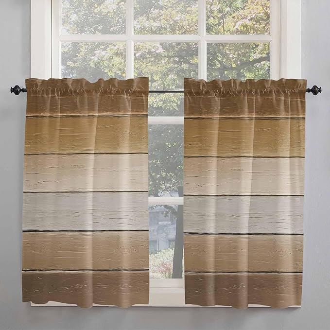 Vintage Brown Gradient Wood Grain Window Valance Curtains, Farmhouse Wood Barn Light Filtering Kitchen Valance with 3-inch Rod Pocket for Living Room Bathroom Bedroom,2 Panel,42x45In