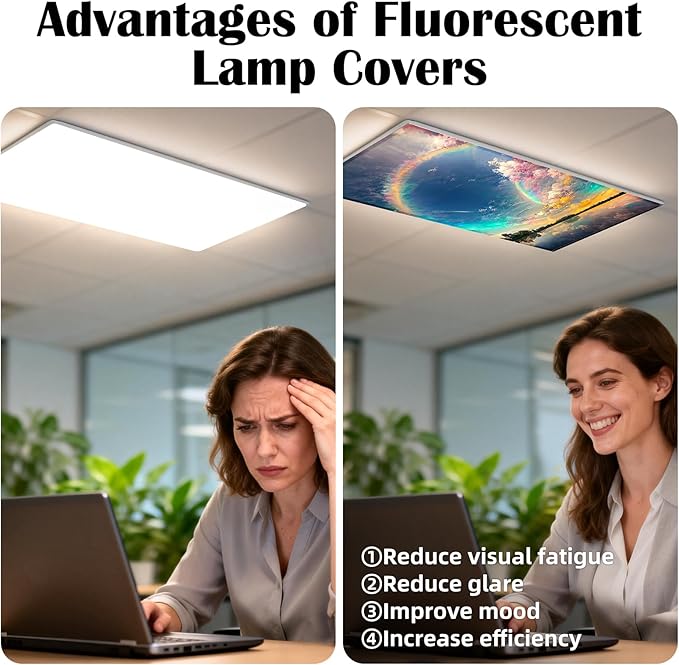 4 Pcs Fluorescent Light Covers - Classroom, Office 4 x 2 Feet Flame Retardant Magnetic Covers for Ceiling Lights Filters (Blue Sky - Rainbow)