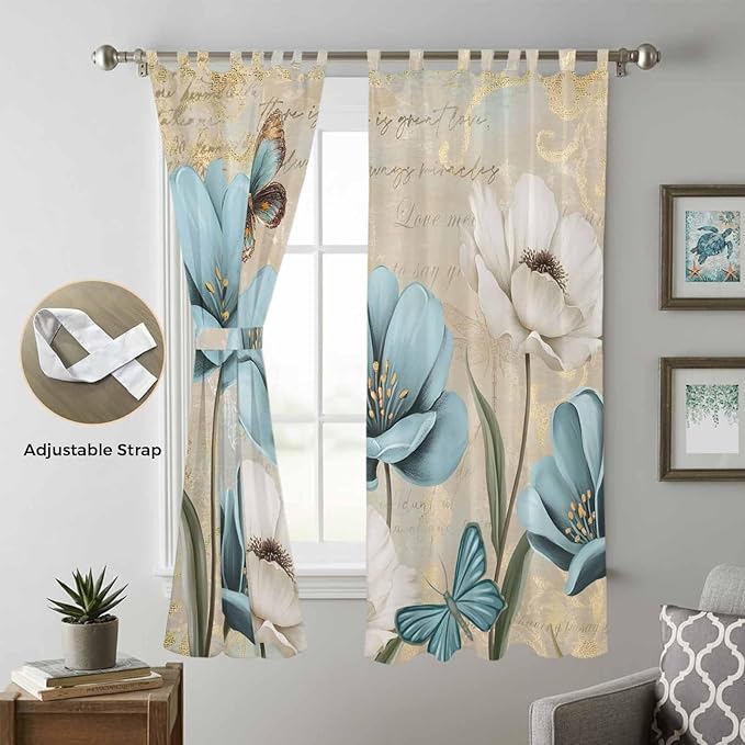Spring Flowers Living Room Curtains 96 Inch Length, Window Curtains Tab Top, Vintage Rustic Tulips Floral Butterfly Khaki Light Filtering Window Treatments Drapes 52"x96" 2 Panel