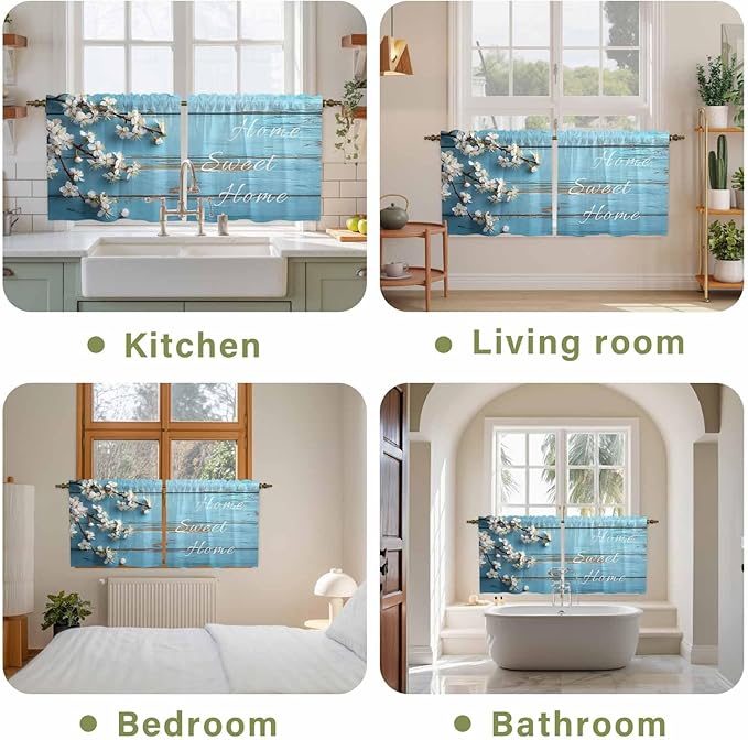 Farmhouse Wooden Grain Tier Curtains, Vintage Shabby Chic Flower Blue Light Filtering Kitchen Curtains, 2Pcs Rod Pocket Half Window Treatments Panels for Sink Cafe Cabinet Camper 27.5x24 Inches
