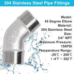 45 Degree Elbow 2PCS, 3/4" NPT Male X 3/4" NPT Male 304 Stainless Steel Pipe Fitting, Connector Coupler Apply to Outdoor/Garden/Industrial