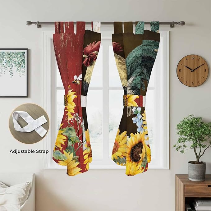 Chicken Sunflowers Bedroom Curtains 72 Inch Length, Window Curtains Tab Top, Farmhouse Animals Red Barn Bees Light Filtering Window Treatments Drapes 52"x72" 2 Panel