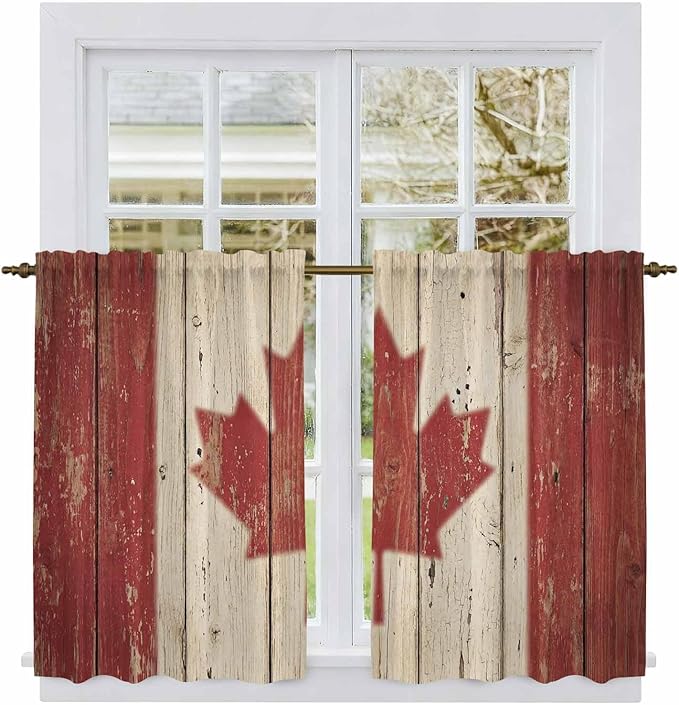 Canada Kitchen Curtains, Red Maple Leaf Flag Vintage Farmhouse Wooden Grain Light Filtering Window Curtain Panels, 2Pcs Rod Pocket Window Treatments Set for Study Room Bathroom Bedroom 52x54 Inches