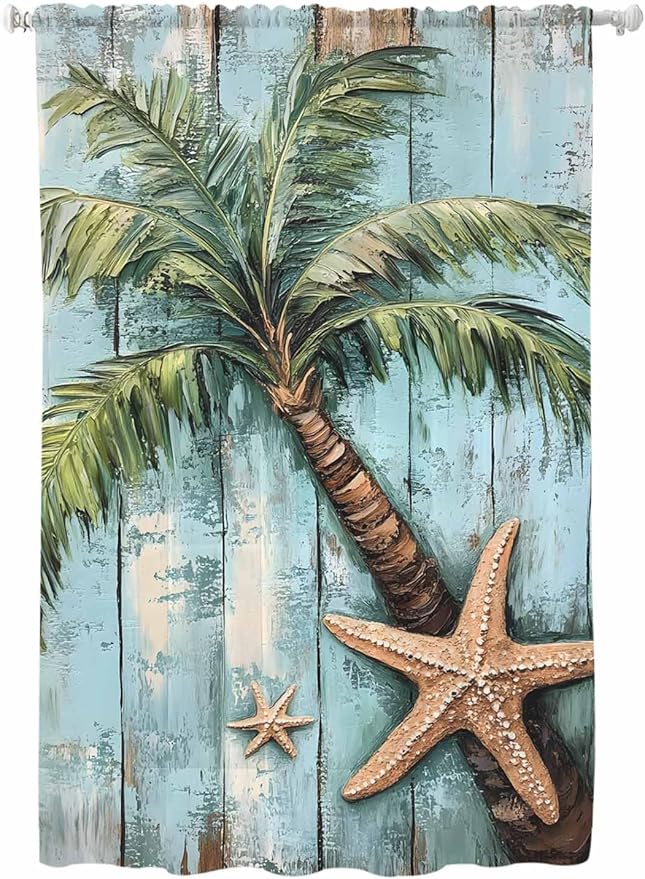 Sheer Curtains 63 Inch Length, Coastal Blue Green Tree Semi Sheer Curtains Light Filtering Window Treatment, Beach Tropical Vintage Wood Grain Privacy Voile Drapes for Living Room Bedroom 52x63 Inch