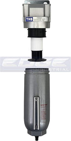 HEAVY DUTY INDUSTRIAL RATED HIGH FLOW PARTICULATE FILTER, IN-LINE WATER TRAP FOR COMPRESSED AIR LINE SYSTEMS, 5 MICRON WITH METAL BOWL AND AUTO DRAIN (3/4" NPT, 11oz)
