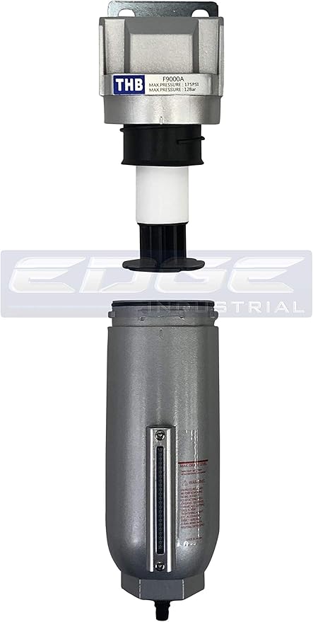 HEAVY DUTY INDUSTRIAL RATED HIGH FLOW PARTICULATE FILTER, IN-LINE WATER TRAP FOR COMPRESSED AIR LINE SYSTEMS, 5 MICRON WITH METAL BOWL AND AUTO DRAIN (1" NPT, 11oz)
