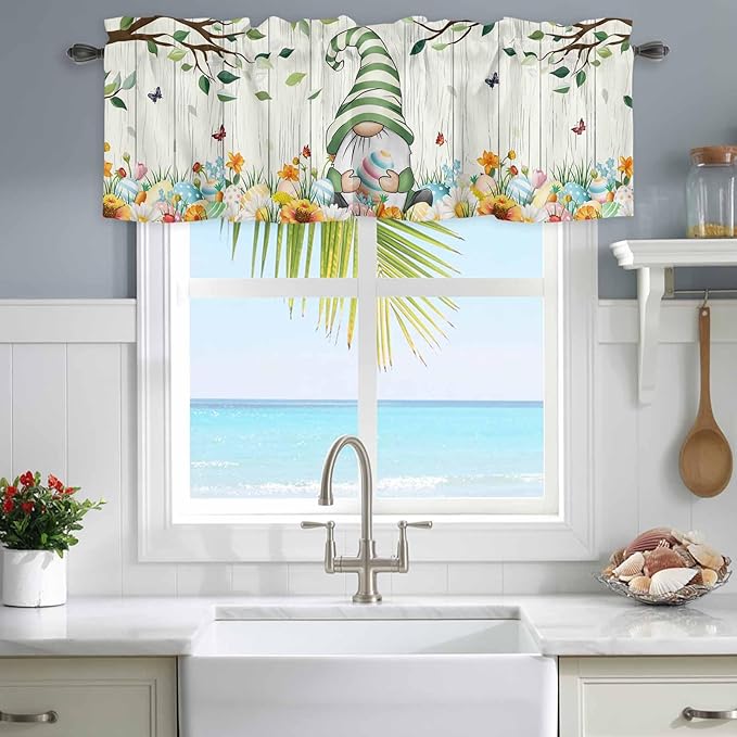 Easter Gnomes Curtain Valances for Windows, Kitchen Valance Window Treatment, Spring Watercolor Eggs Flower Wood Grain Light Filtering Block Curtains for Bathroom/Bedroom/Living Room 60'' x 18''