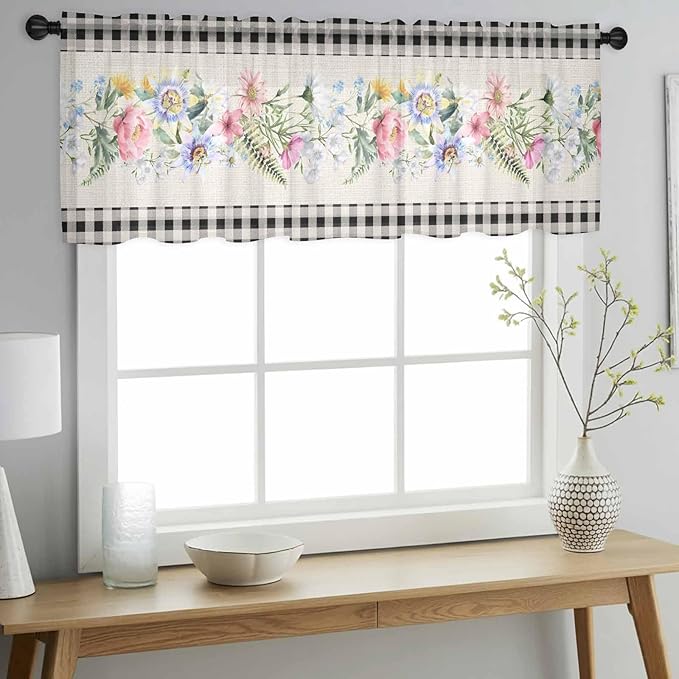 Blue Pink Floral Sheer Valance Curtains, Spring Summer Botanical Linen Black Plaid Light Filtering Kitchen Valances Rod Pocket Voile Curtain Window Treatment for Bedroom/Living Room/Basement 60Wx18L