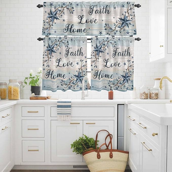 Vintage Farmhouse Kitchen Curtains Set 3 Piece for Windows, Rod Pocket Valance and Tier Set 24 Inch Length, Blue Country Texas Star Vines Wooden Light Filtering Cafe Curtains for Living Room Bathroom