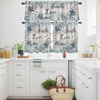 Vintage Farmhouse Kitchen Curtains Set 3 Piece for Windows, Rod Pocket Valance and Tier Set 24 Inch Length, Blue Country Texas Star Vines Wooden Light Filtering Cafe Curtains for Living Room Bathroom