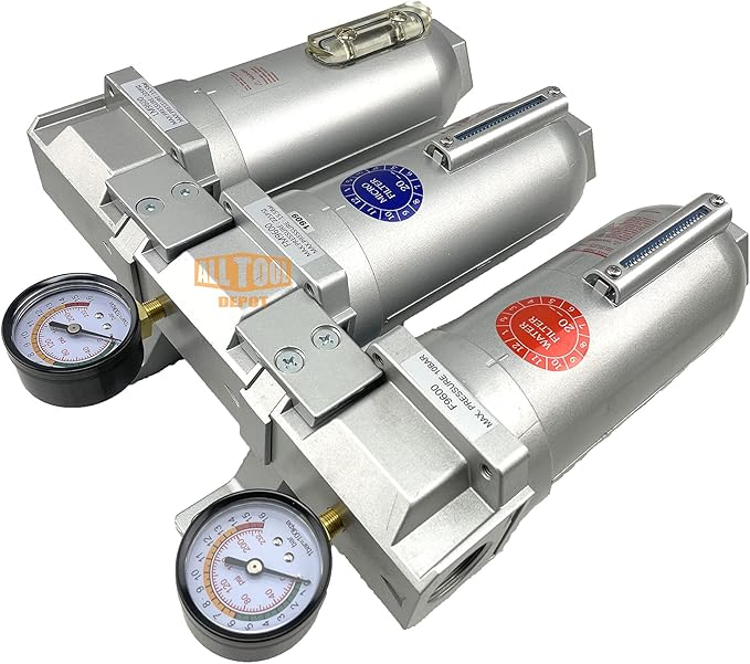 1" NPT SUPER DUTY Industrial Grade 3 Stages Filter Coalescing Desiccant Dryer System For Compressed Air Lines, Metal Bowls, Great For Paint Spray And Plasma Cutter (AUTO DRAIN)