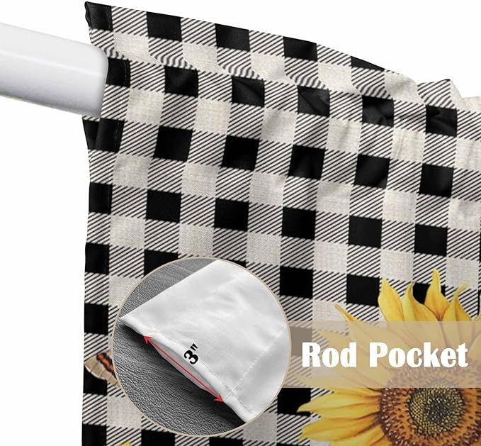 Sunflowers Swag Valances for Windows, Yellow Flowers Butterfly Farmhouse Black Plaid Rod Pocket Kitchen Curtains Valance, Kitchen Window Curtains Swag for Cafe Living Room, 2 Panels, 36x63 inch