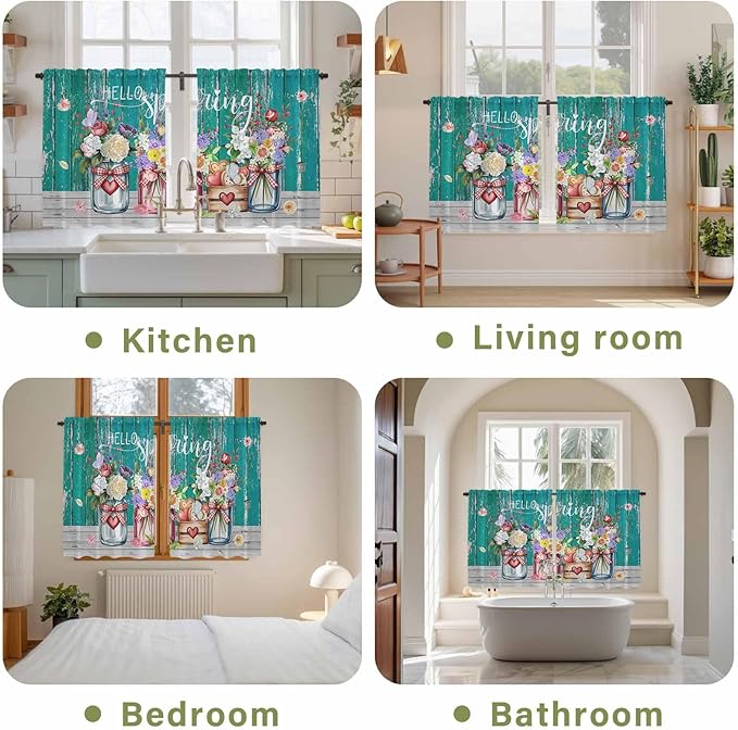 Spring Flowers Kitchen Curtains, Farmhouse Watercolor Teal Wood Grain Light Filtering Window Curtain Panels, 2Pcs Rod Pocket Window Treatments Set for RV Dining Room Study Room 42x54 Inches
