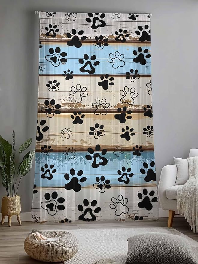 Sheer Curtains 84 Inches Long, Blue Brown Paw Prints Semi Sheer Curtains Light Filtering Window Treatment, Vintage Farmhouse Rustic Wooden Grain Privacy Voile Drapes for Living Room Bedroom 52x84 Inch