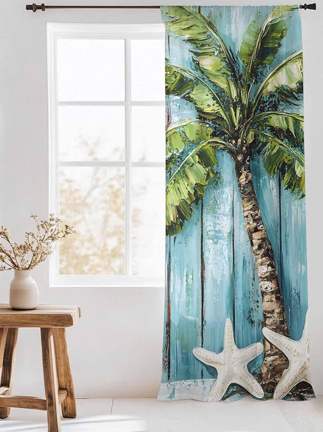Sheer Curtains 108 Inches Long, Coastal Beach Starfish Semi Sheer Curtains Light Filtering Window Treatment, Blue Green Tropical Palm Tree Wood Grain Privacy Voile Drapes for Living Room 52x108 Inch