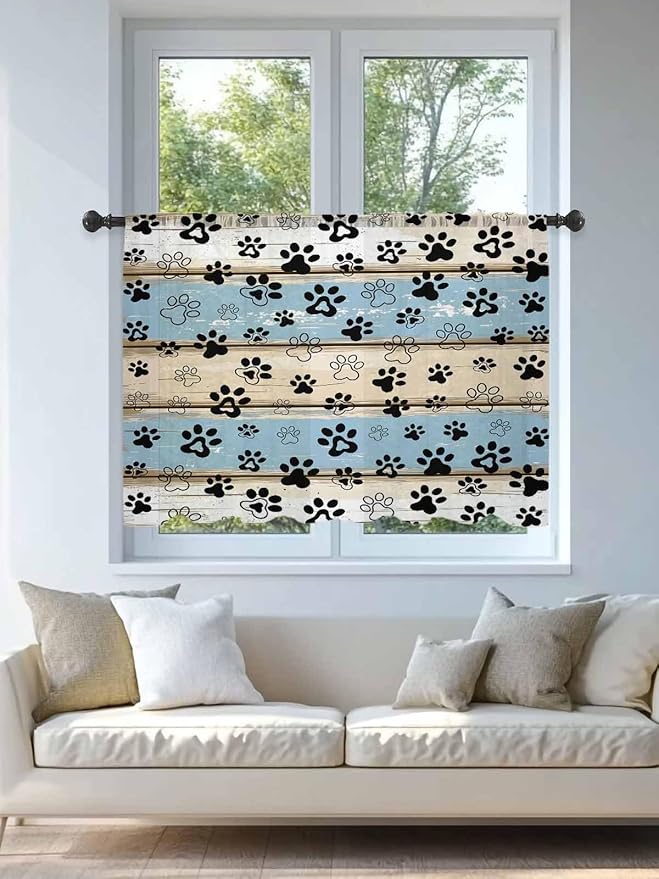 Sheer Curtains 45 Inch Length, Blue Beige Paw Print Semi Sheer Curtains Light Filtering Window Treatment, Vintage Farmhouse Rustic Wooden Grain Privacy Voile Drapes for Living Room Bedroom 52x45 Inch