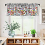 Spring Flowers Kitchen Curtains Set 3 Piece for Windows, Rod Pocket Valance and Tier Set 24 Inch Length, Farmhouse Black Plaid Wood Grain Light Filtering Cafe Curtains for Living Room Bathroom