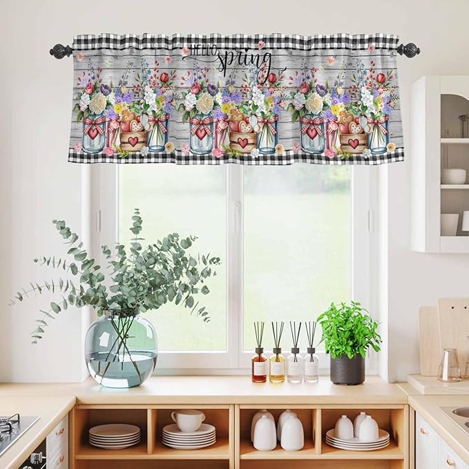 Spring Flowers Kitchen Curtains Set 3 Piece for Windows, Rod Pocket Valance and Tier Set 24 Inch Length, Farmhouse Black Plaid Wood Grain Light Filtering Cafe Curtains for Living Room Bathroom