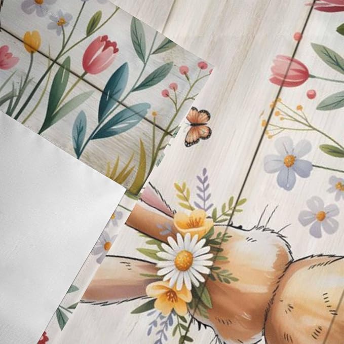Easter Curtain Valances for Windows, Kitchen Valance Window Treatment, Spring Bunny Butterfly Botanical Wooden Grain Light Filtering Block Curtains for Bathroom/Bedroom/Living Room 42'' x 18''